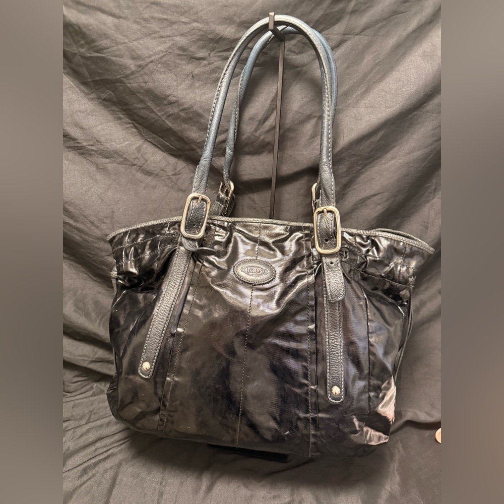 TOD'S Black Shiny Quilted Leather Tote with Buckle Straps